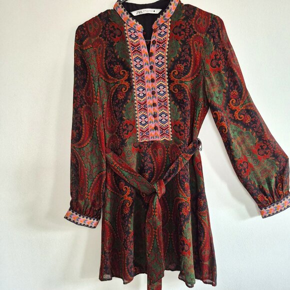 ZARA Jacquard Ribbon Dress , Long Sleeve Midi, Deep Green & Burgundy , Boho XS - Picture 1 of 15
